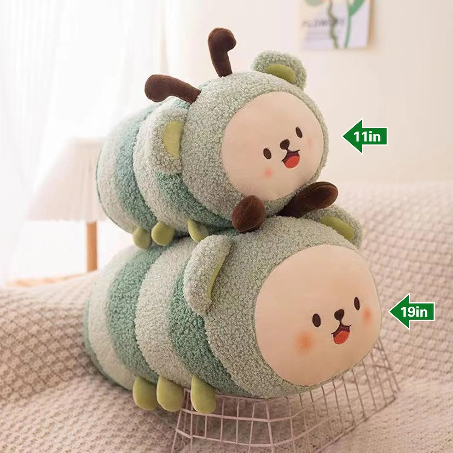 - 19 inch) interlock Cute Insect Stuffed Animal Toy Plush Pillow, Kawaii Plushies Cylindrical Body Pillow Stuffed Toy, Super Soft Cartoon Hugging Toy Gifts for Bedding, Kids & Girls Sleeping (Green,Large 