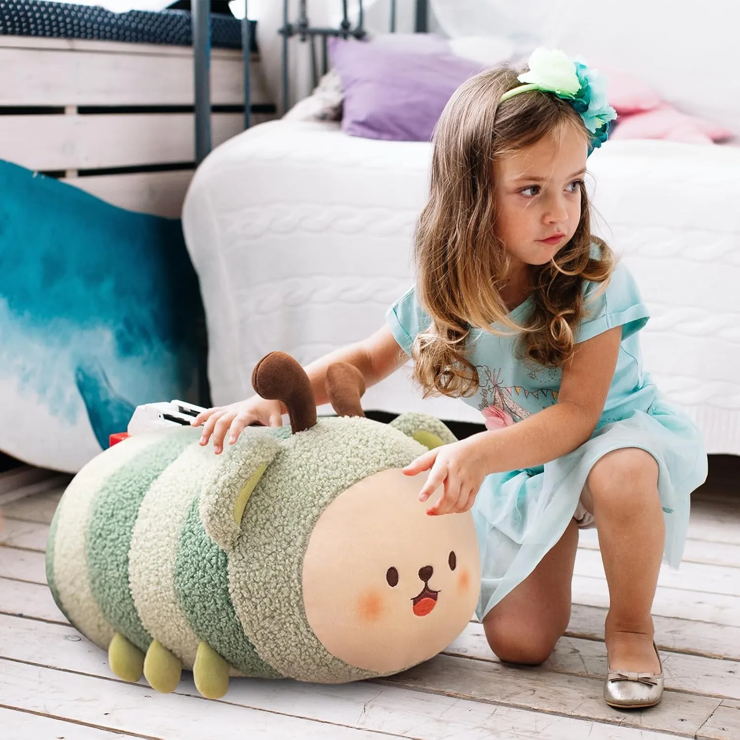 - 19 inch) interlock Cute Insect Stuffed Animal Toy Plush Pillow, Kawaii Plushies Cylindrical Body Pillow Stuffed Toy, Super Soft Cartoon Hugging Toy Gifts for Bedding, Kids & Girls Sleeping (Green,Large 