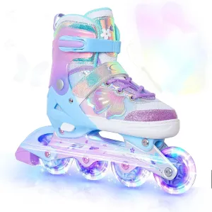 - Birthday Gift for Indoor Outdoor Sports Nattork Kids Inline Skates Butterfly and Flower for Boys Girls Kids, 4 surround ductile excursion pram Sizes Adjustable Quad Skates with All Light up Wheels 
