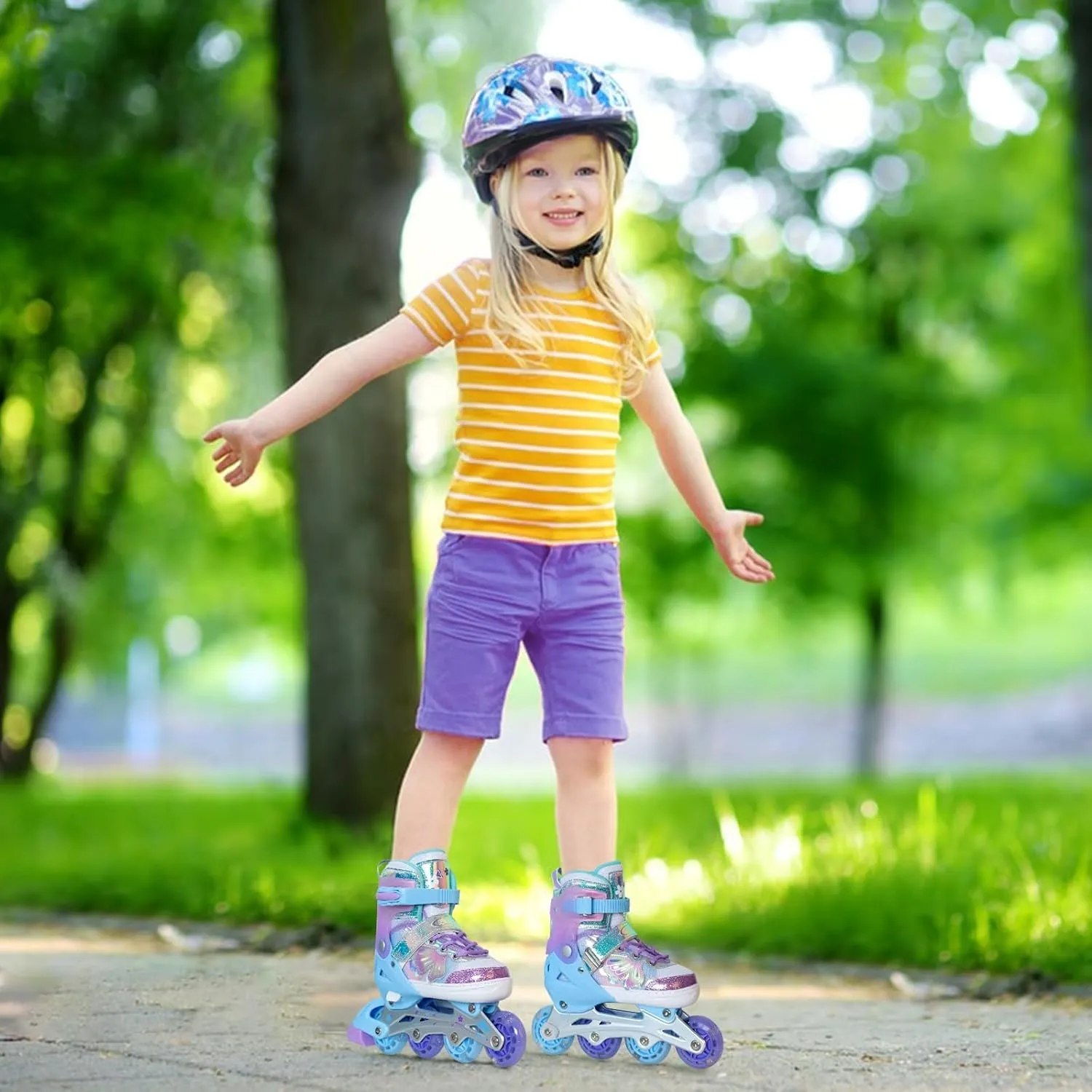 - Birthday Gift for Indoor Outdoor Sports Nattork Kids Inline Skates Butterfly and Flower for Boys Girls Kids, 4 surround ductile excursion pram Sizes Adjustable Quad Skates with All Light up Wheels 