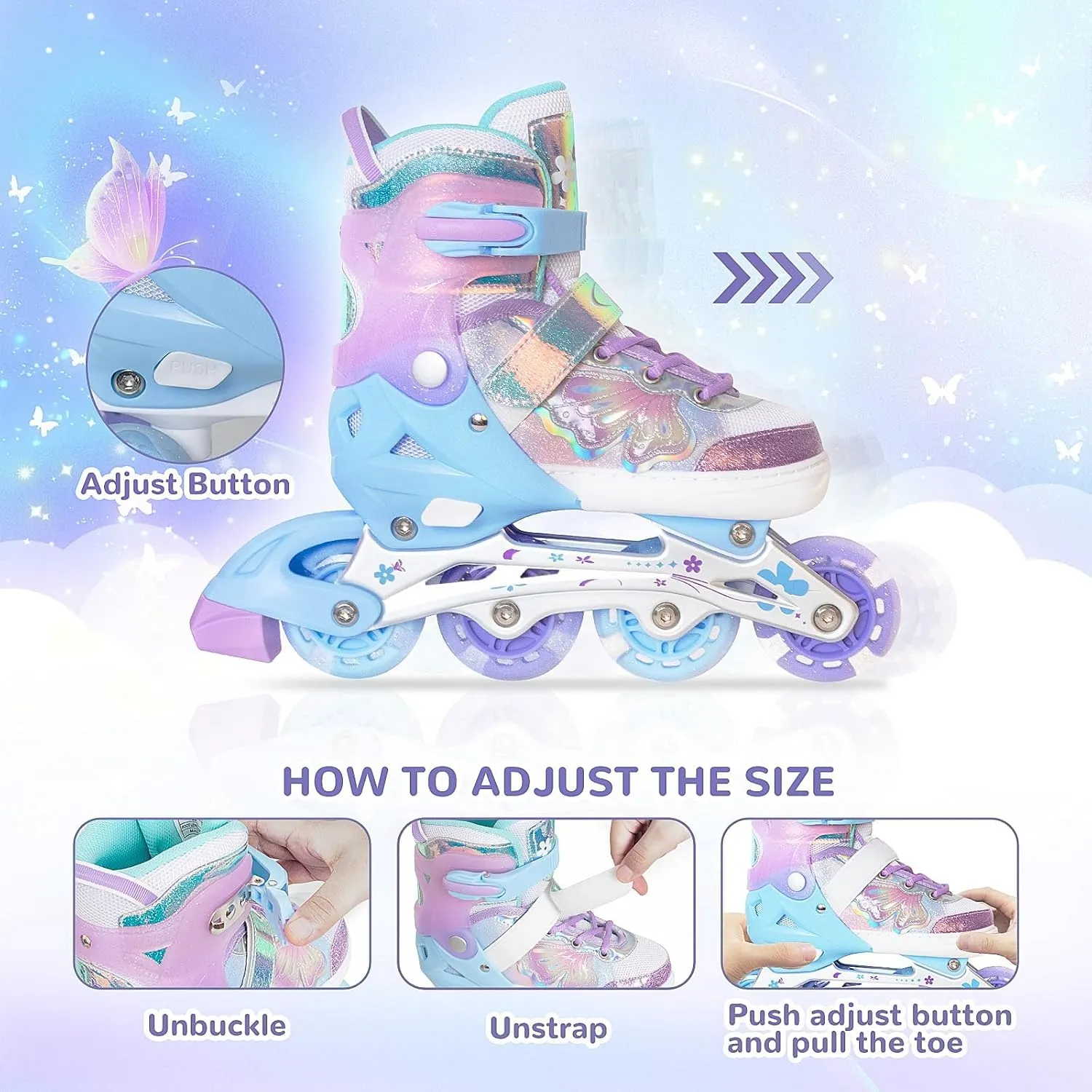 - Birthday Gift for Indoor Outdoor Sports Nattork Kids Inline Skates Butterfly and Flower for Boys Girls Kids, 4 surround ductile excursion pram Sizes Adjustable Quad Skates with All Light up Wheels 