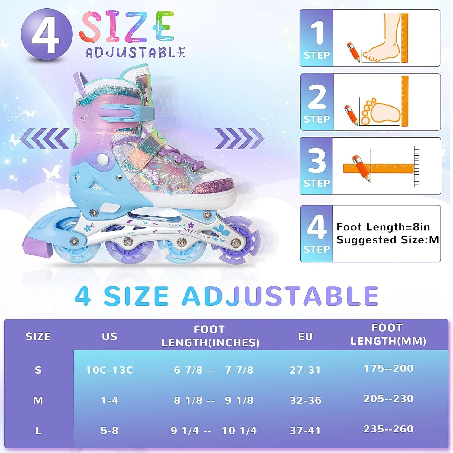 - Birthday Gift for Indoor Outdoor Sports Nattork Kids Inline Skates Butterfly and Flower for Boys Girls Kids, 4 surround ductile excursion pram Sizes Adjustable Quad Skates with All Light up Wheels 