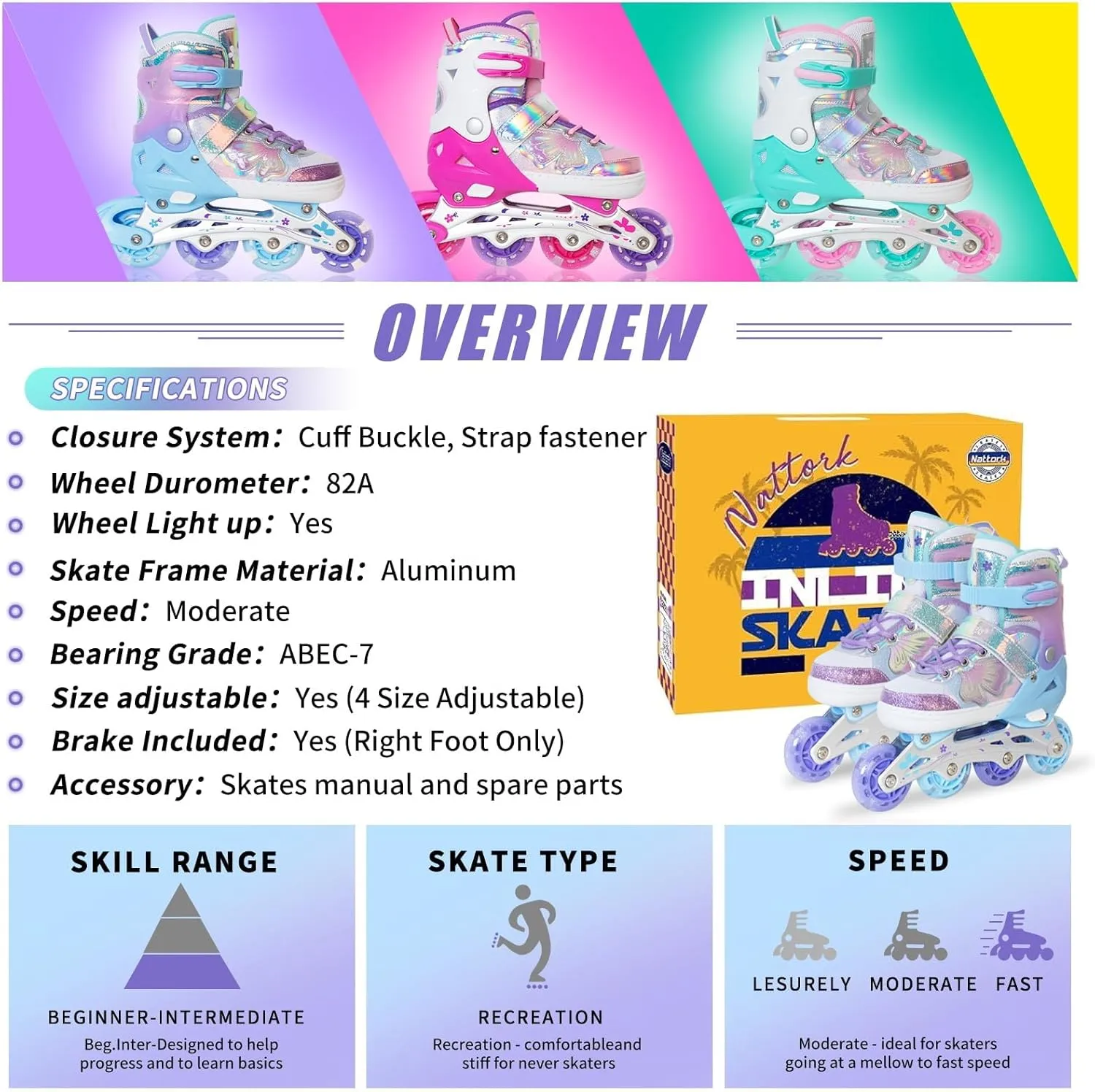 - Birthday Gift for Indoor Outdoor Sports Nattork Kids Inline Skates Butterfly and Flower for Boys Girls Kids, 4 surround ductile excursion pram Sizes Adjustable Quad Skates with All Light up Wheels 