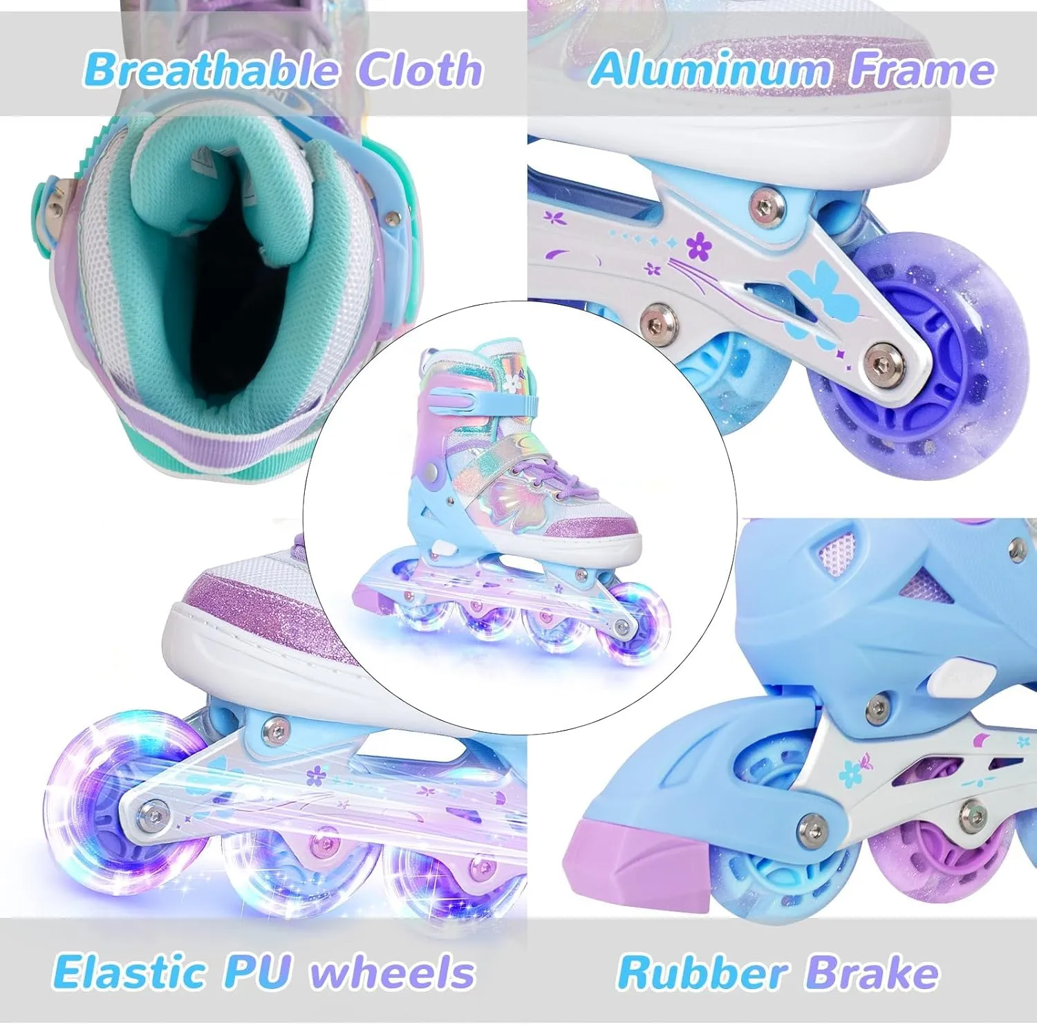 - Birthday Gift for Indoor Outdoor Sports Nattork Kids Inline Skates Butterfly and Flower for Boys Girls Kids, 4 surround ductile excursion pram Sizes Adjustable Quad Skates with All Light up Wheels 