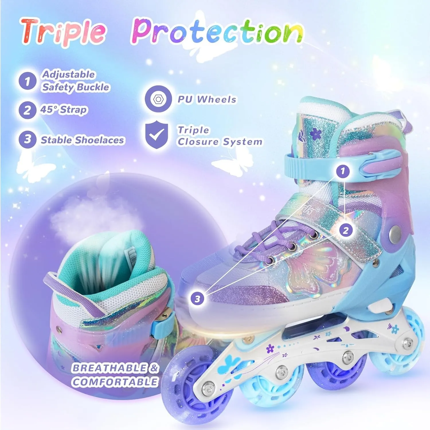 - Birthday Gift for Indoor Outdoor Sports Nattork Kids Inline Skates Butterfly and Flower for Boys Girls Kids, 4 surround ductile excursion pram Sizes Adjustable Quad Skates with All Light up Wheels 