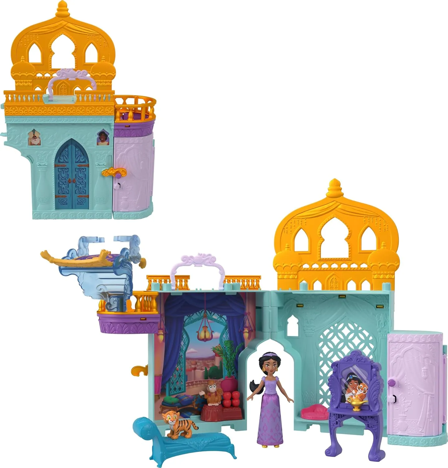 1 Small celestial apartment sum Doll$ 2 Character Friends & 7 Accessories$ Inspired by the Movie Aladdin Mattel Disney Princess Toys$ Jasmine Doll House Stackable Castle with 