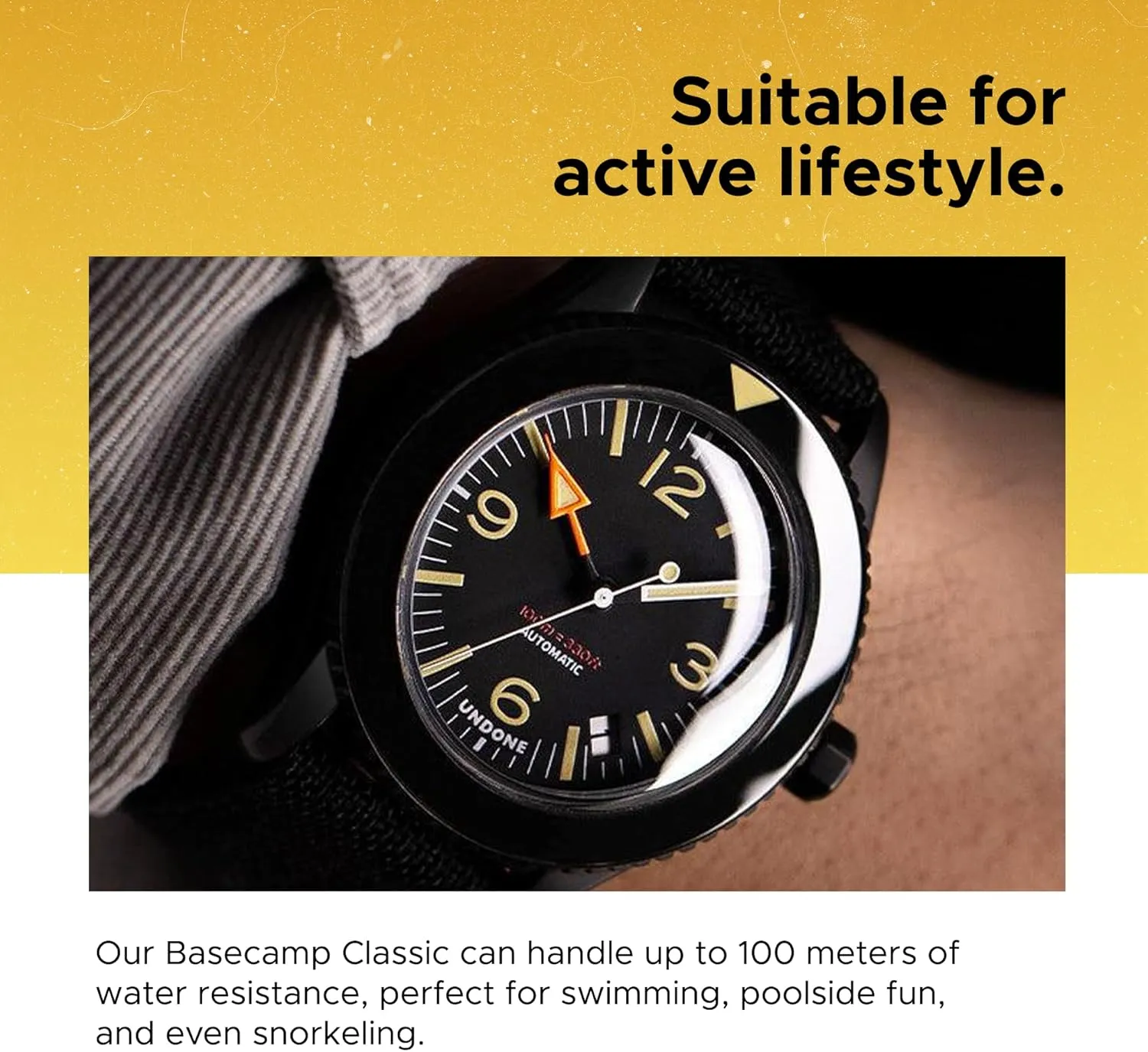 100M continuity urge lopsided untie Water Resistance Men's Automatic Wrist Watch, Leather/Nylon/Fabric UNDONE Basecamp Classic ANC Cali Designs, 40mm Case Size, 