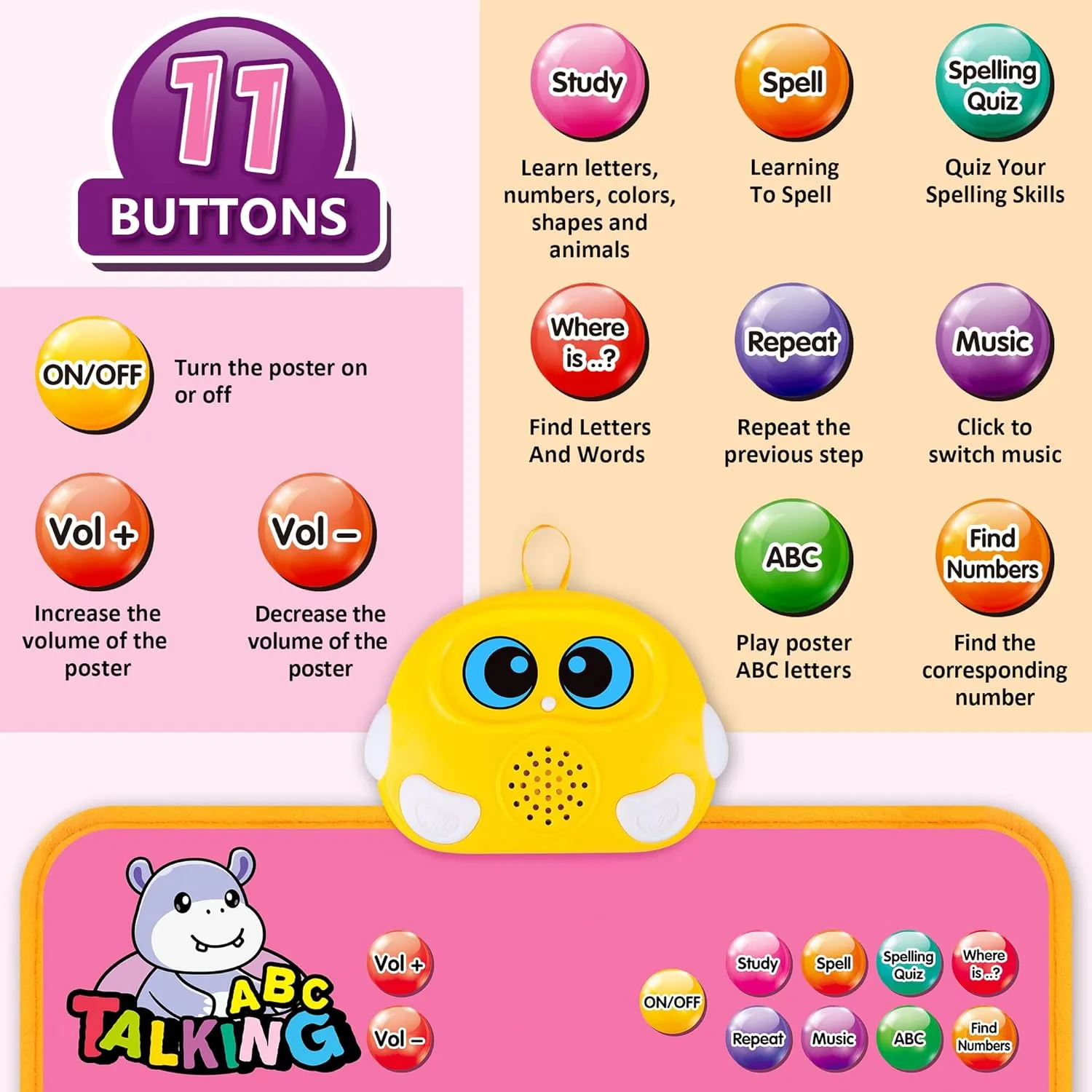 123s, salt Music Poster, Kids Learning Toys for Toddlers 1-3, Electronic Educational Toddler Toy, Educational Gift for Age 1 2 3 4 5 Year Old Girls Boys - Pink Interactive Alphabet Wall Chart, Talking ABC, 