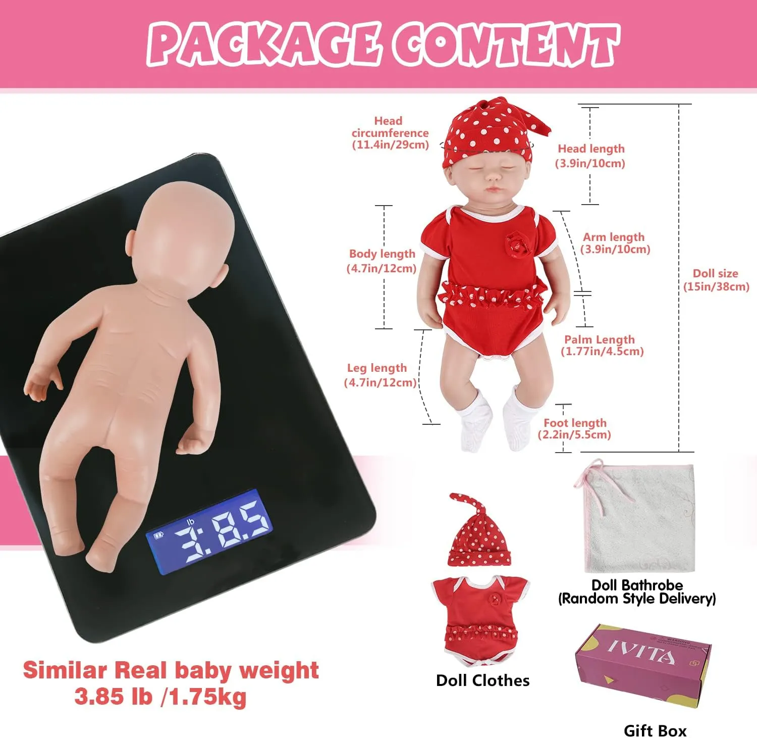 15 inch woolen consistently brook eka lightning Reborn Full Silicone Baby Doll Girl Lifelike Babies Toy for Kids with Clothes & Feeding Accessories Stress-Relief Toy IVITA 