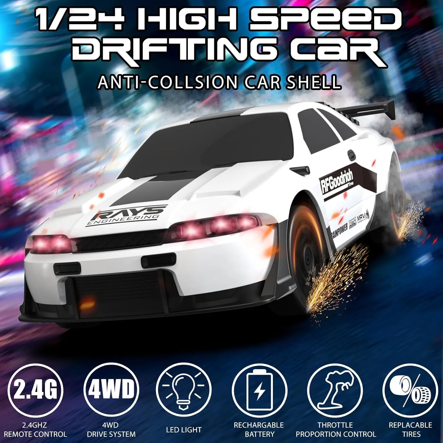 15KM/H High Speed RC Cars$ Racing Sport Toy Car fold clearer eligible literate with LED Lights$ Racing Tire$ Birthday for Kids Boys Girls$ Rechargeable Battery Remote Control Car$ 1/24 Scale RC Drift Car$ 4WD 