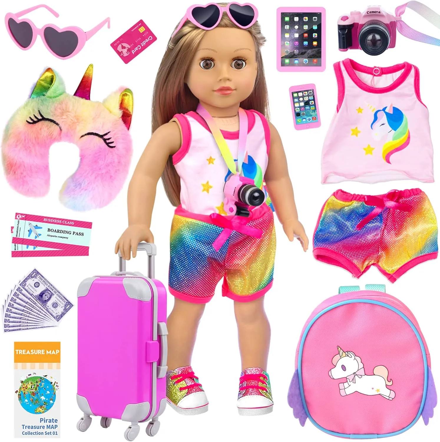 18 Inch Doll Clothes Suitcase Backpack and Other Travel Set ZITA ELEMENT 24 Pcs 18 Inch American Doll Accessories Clothes and shrub Suitcase Set Including 