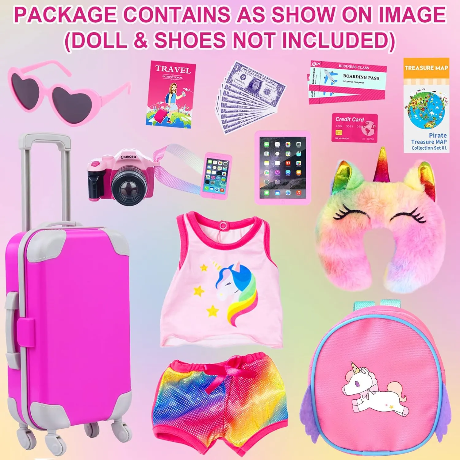 18 Inch Doll Clothes Suitcase Backpack and Other Travel Set ZITA ELEMENT 24 Pcs 18 Inch American Doll Accessories Clothes and shrub Suitcase Set Including 