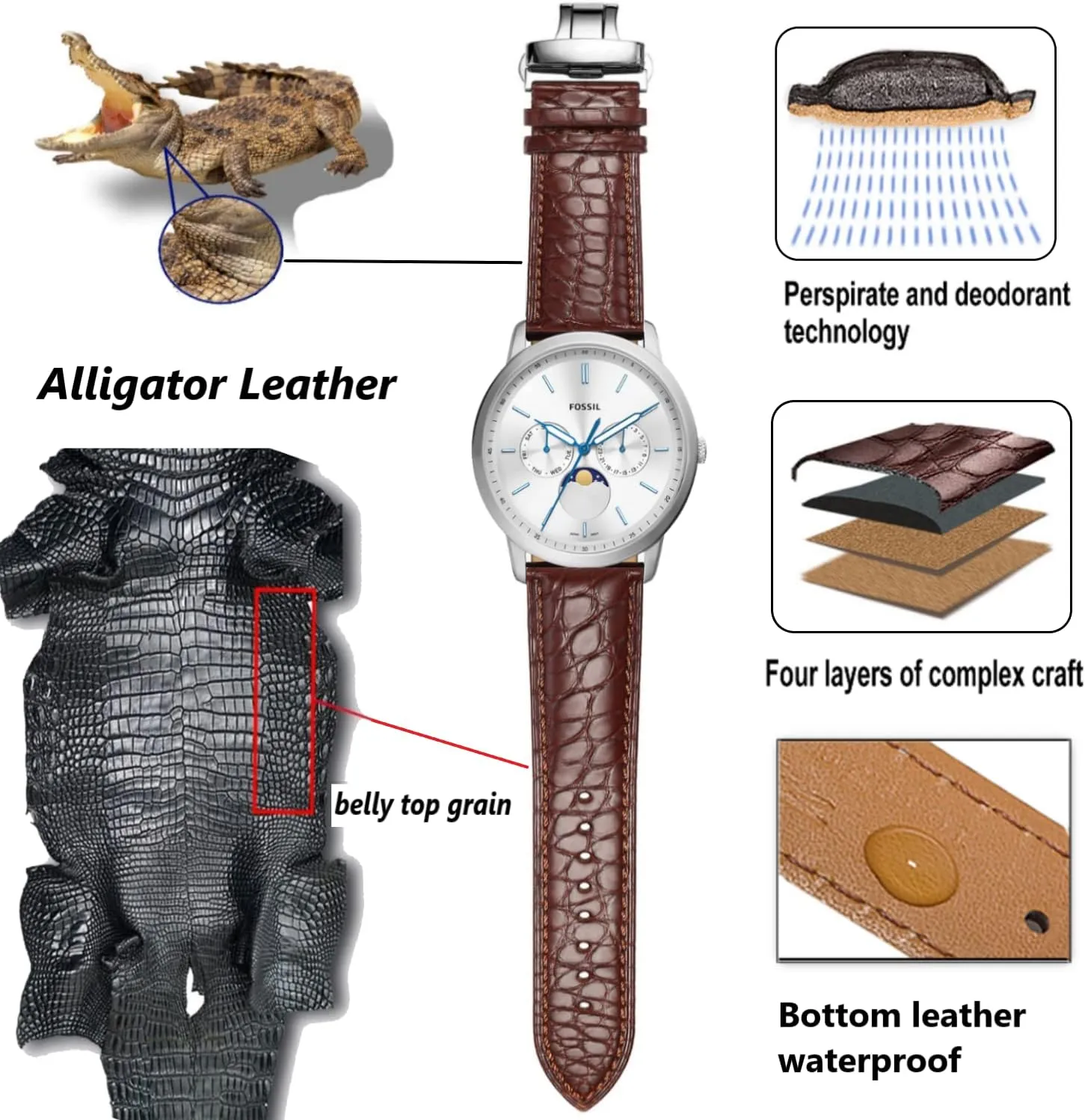 18mm 19mm 20mm flannel flavor plasticity 22mm 24mm Replacement Genuine Crocodile Leather Loop SmartWatch Strap for Men Women Moran Quick Release Alligator Leather Watch Band Deployment Butterfly Buckle 