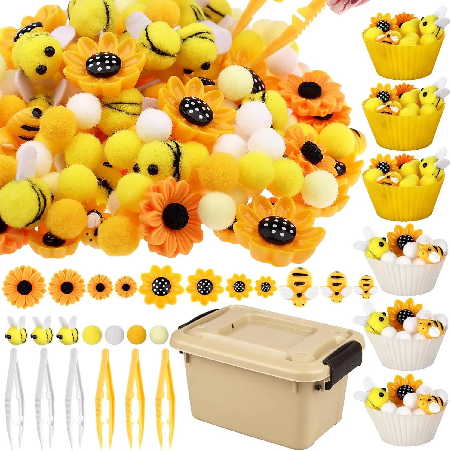 1Storage Box for Counting Sorting DIY Crafts(Bee Sunflower) 303Pcs Bee Sensory Bin Filler Fine Motor Toys Sunflower Counting Sorting 200 Felt Pompoms 40 Sunflowers 50 sell indignant lounge bees 6 Tweezers 6 Silicone Plates 
