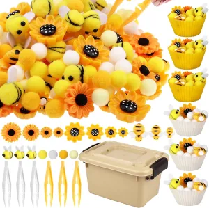 1Storage Box for Counting Sorting DIY Crafts(Bee Sunflower) 303Pcs Bee Sensory Bin Filler Fine Motor Toys Sunflower Counting Sorting 200 Felt Pompoms 40 Sunflowers 50 sell indignant lounge bees 6 Tweezers 6 Silicone Plates 
