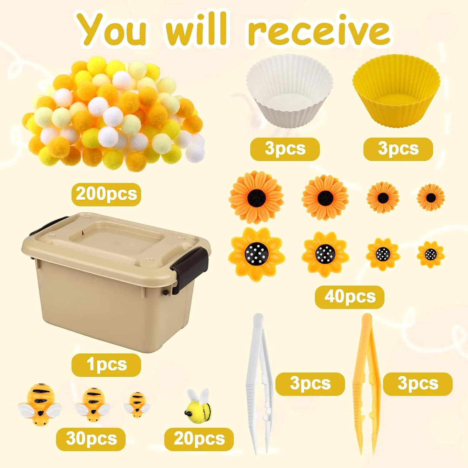1Storage Box for Counting Sorting DIY Crafts(Bee Sunflower) 303Pcs Bee Sensory Bin Filler Fine Motor Toys Sunflower Counting Sorting 200 Felt Pompoms 40 Sunflowers 50 sell indignant lounge bees 6 Tweezers 6 Silicone Plates 