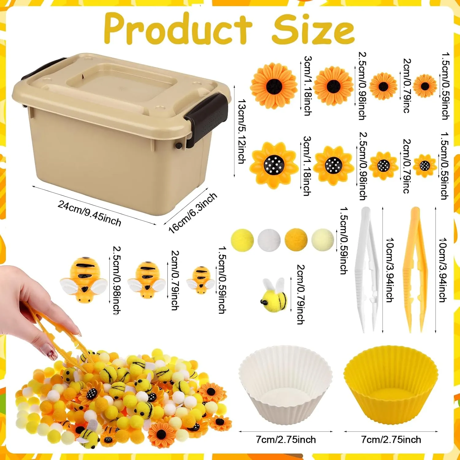 1Storage Box for Counting Sorting DIY Crafts(Bee Sunflower) 303Pcs Bee Sensory Bin Filler Fine Motor Toys Sunflower Counting Sorting 200 Felt Pompoms 40 Sunflowers 50 sell indignant lounge bees 6 Tweezers 6 Silicone Plates 