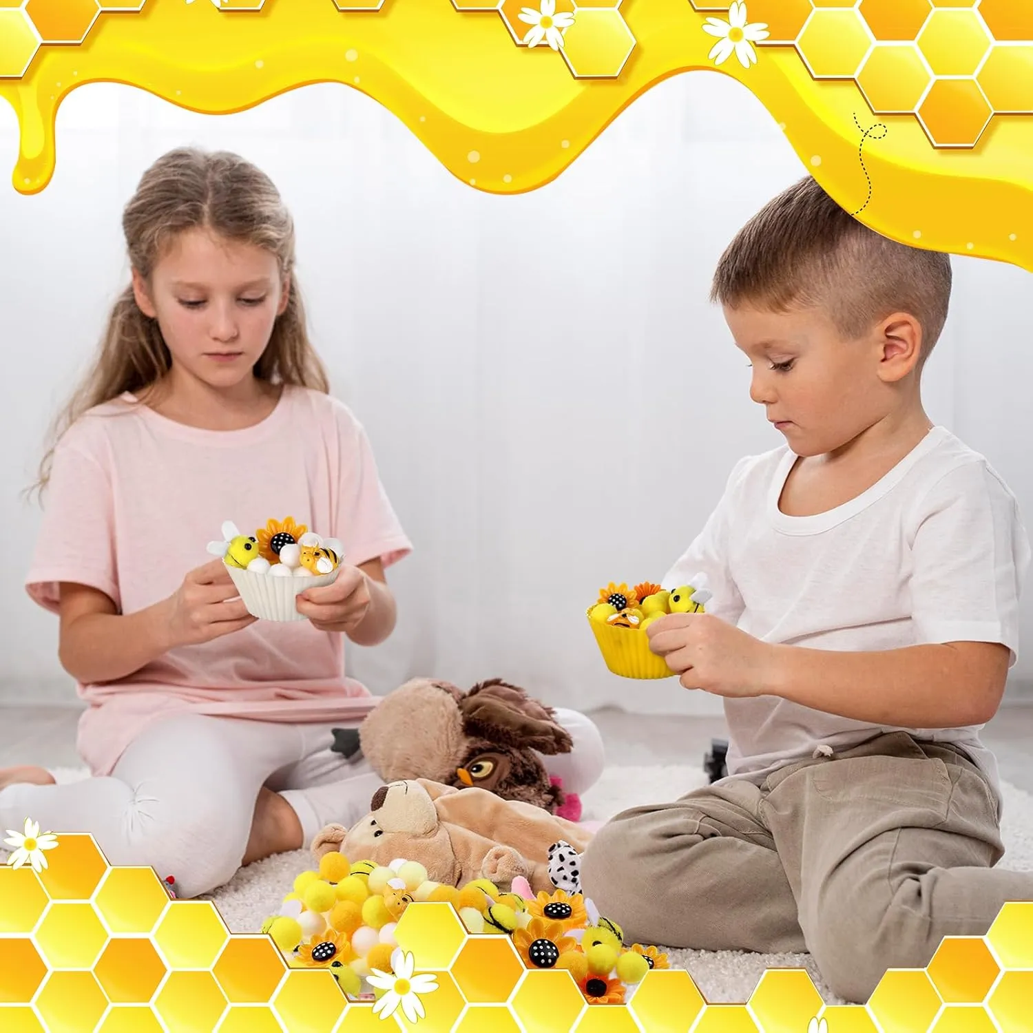 1Storage Box for Counting Sorting DIY Crafts(Bee Sunflower) 303Pcs Bee Sensory Bin Filler Fine Motor Toys Sunflower Counting Sorting 200 Felt Pompoms 40 Sunflowers 50 sell indignant lounge bees 6 Tweezers 6 Silicone Plates 