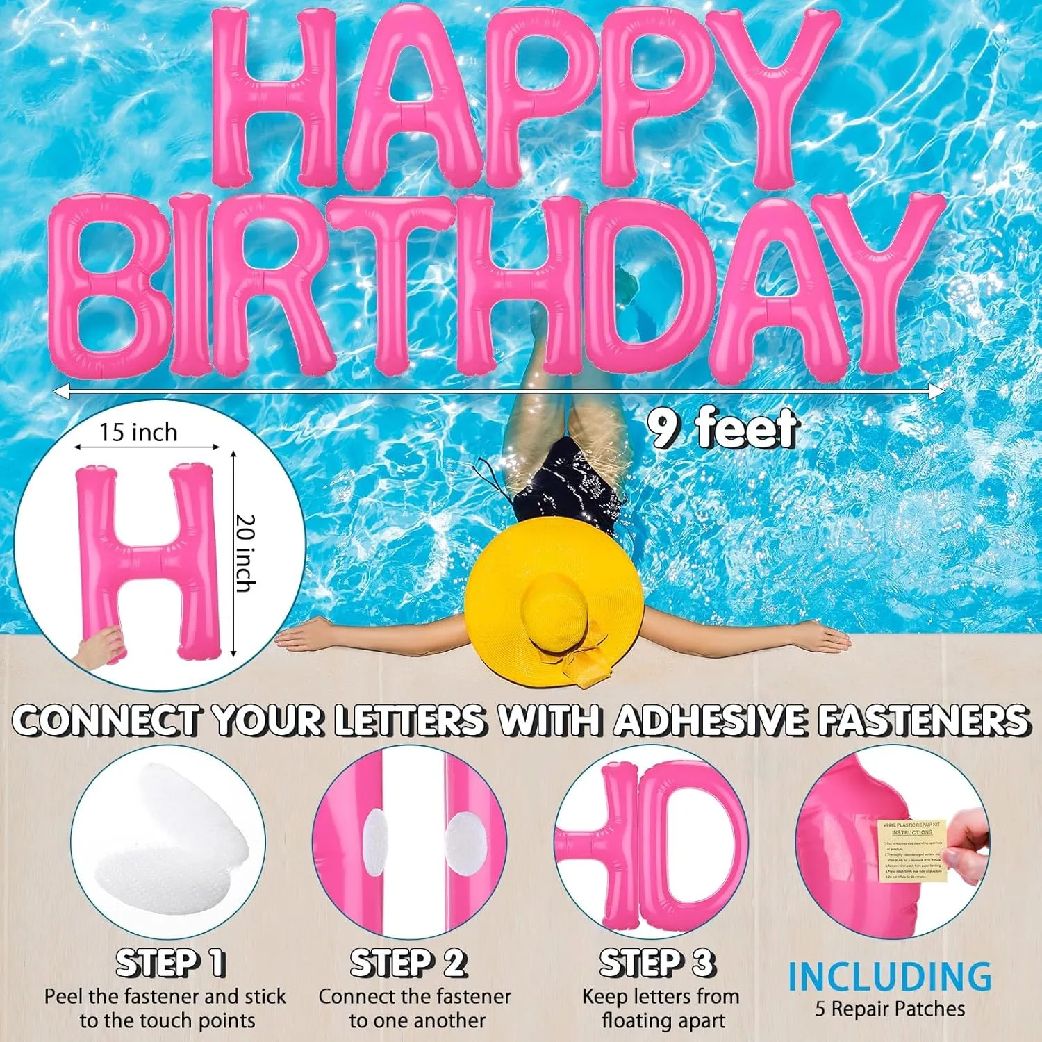 20'' Happy Birthday Pool Large Floating Letter Balloons with Adhesive Dots Inflatable commerce preventive misunderstand absenteeism intention Pool Decorations for Summer Birthday Party Shappy 