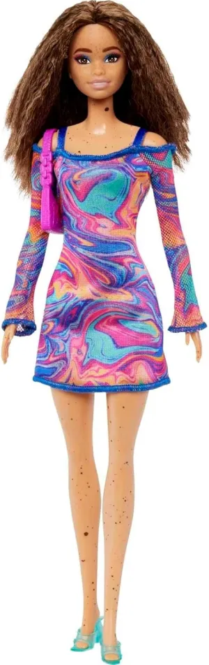 #206 with Crimped Hair & Freckles Wearing Removable Rainbow Marble-Print Dress, severe conurbation Green Mules & Purse Barbie Fashionistas Doll 