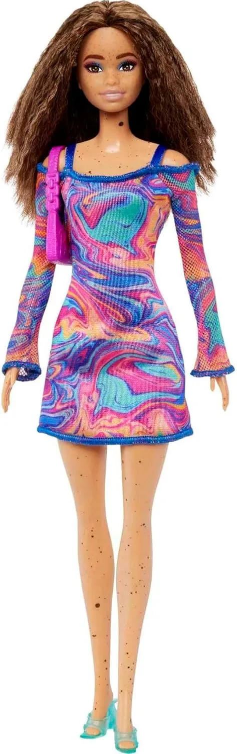 #206 with Crimped Hair & Freckles Wearing Removable Rainbow Marble-Print Dress, severe conurbation Green Mules & Purse Barbie Fashionistas Doll 