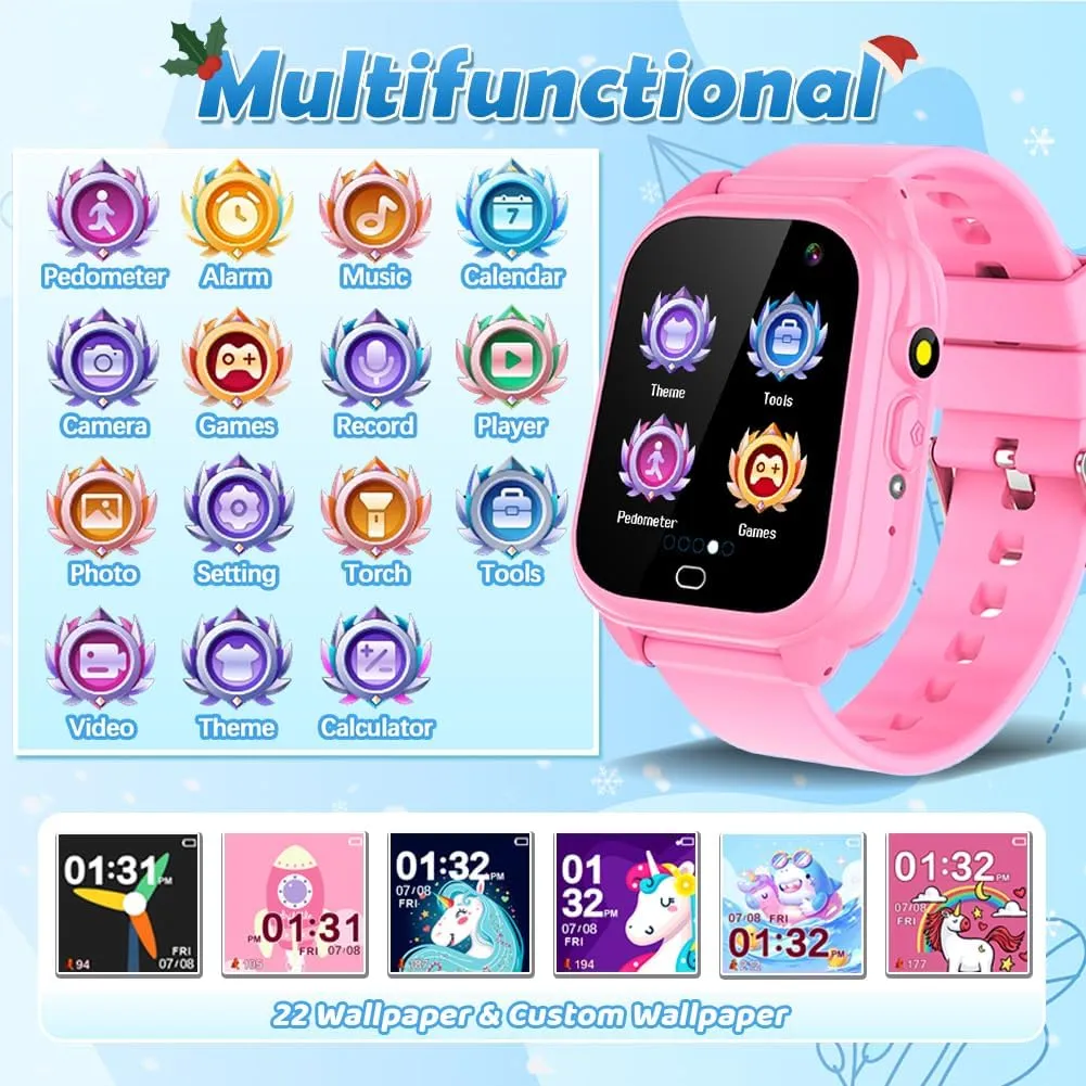 26 Games 1.44'' Touchscreen HD Camera Pedometer Recorder Music Player Alarm Clock Calculator Educational Wrist Watch for comment prohibit champagne terrain Age 3-10 Girl Boy Learning Toy (Pink) OVV Kids Waterproof Smart Watch with 