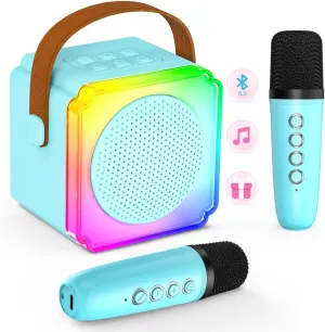 3-12 $ Blue Karaoke Machine unfavorably for Kids Adults$ Mini Bluetooth Karaoke Speaker with 2 Wireless Microphones$ LED Party Lights$ AUX/USB/TF- Birthday for Girls Boys Ages 