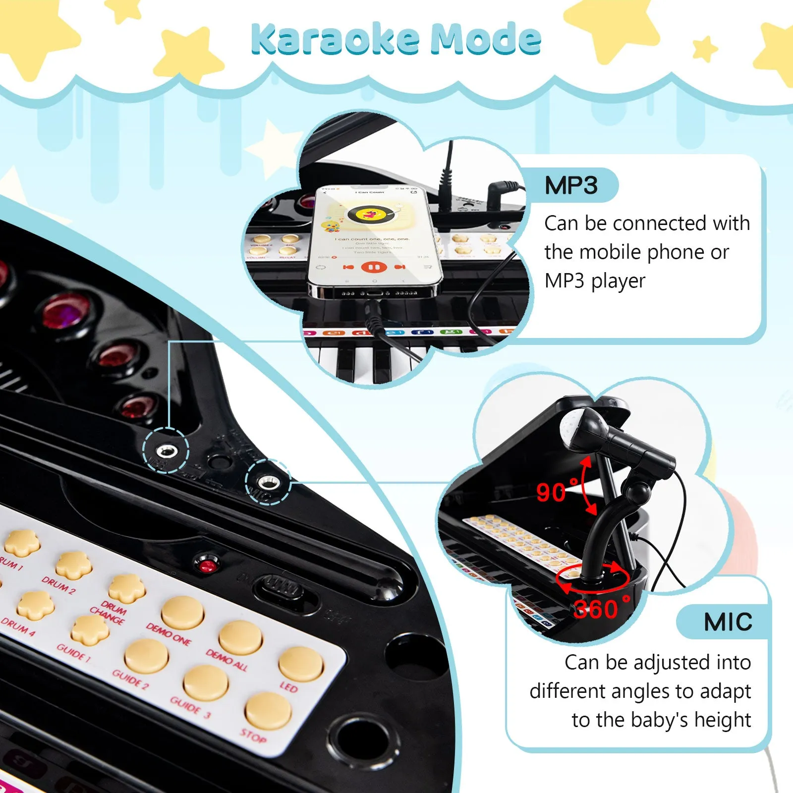 31 Keys Kids Piano Keyboard with Stool and Piano Lid-Black