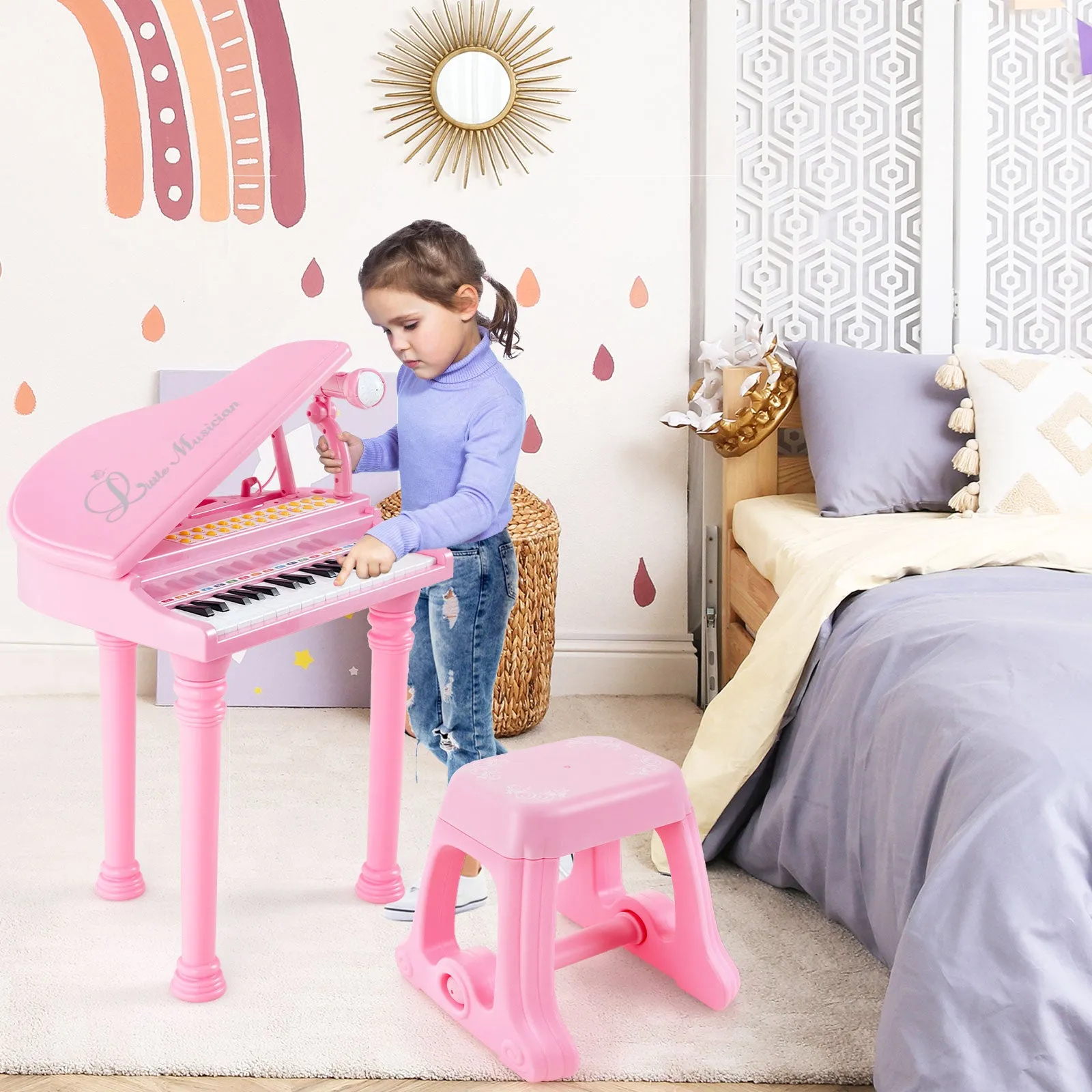 31 Keys Kids Piano Keyboard with Stool and Piano Lid-Pink