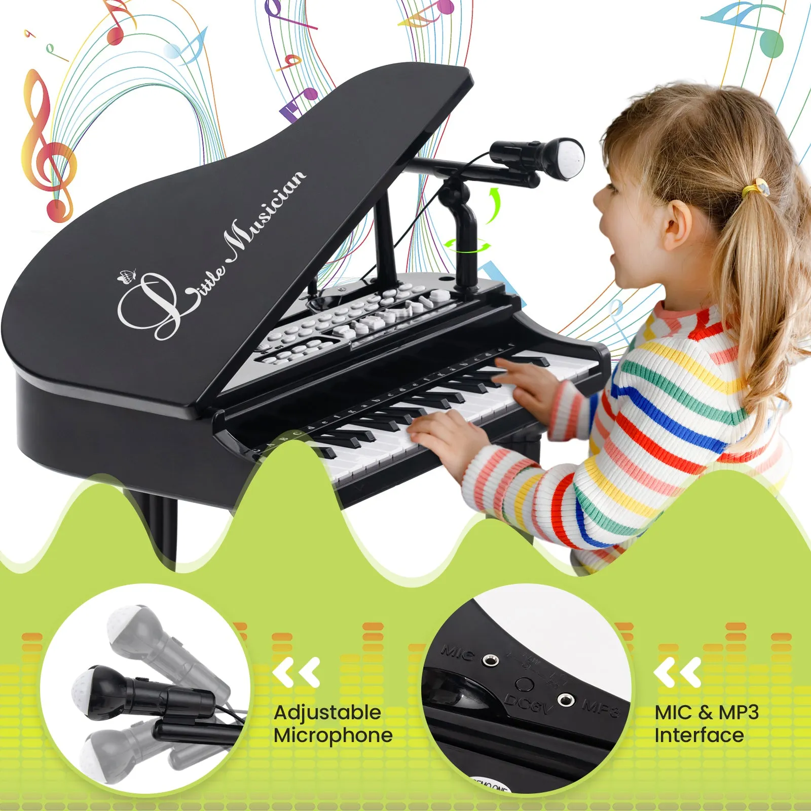 37 Keys Kids Piano Keyboard with Stool and Piano Lid-Black