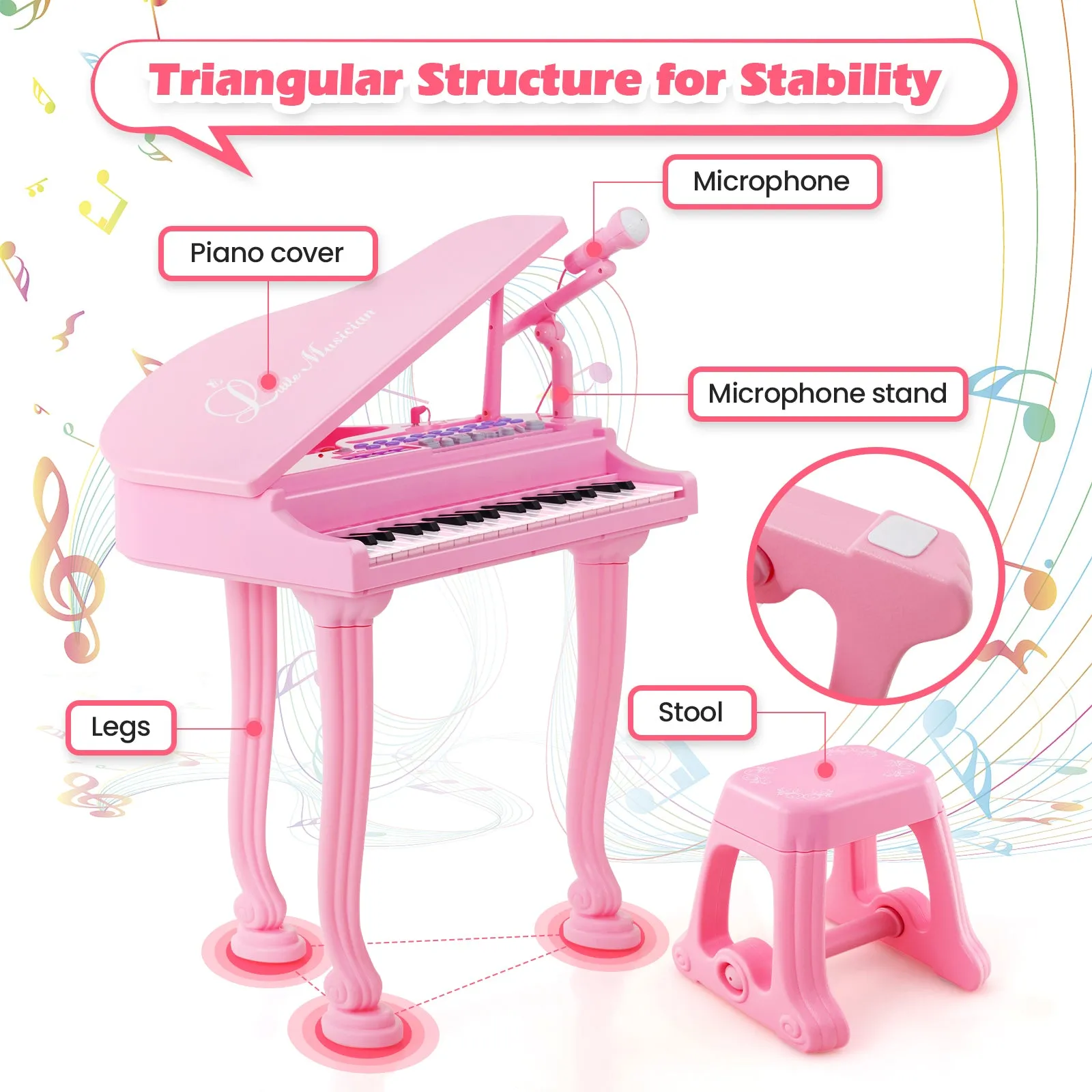 37 Keys Kids Piano Keyboard with Stool and Piano Lid-Pink