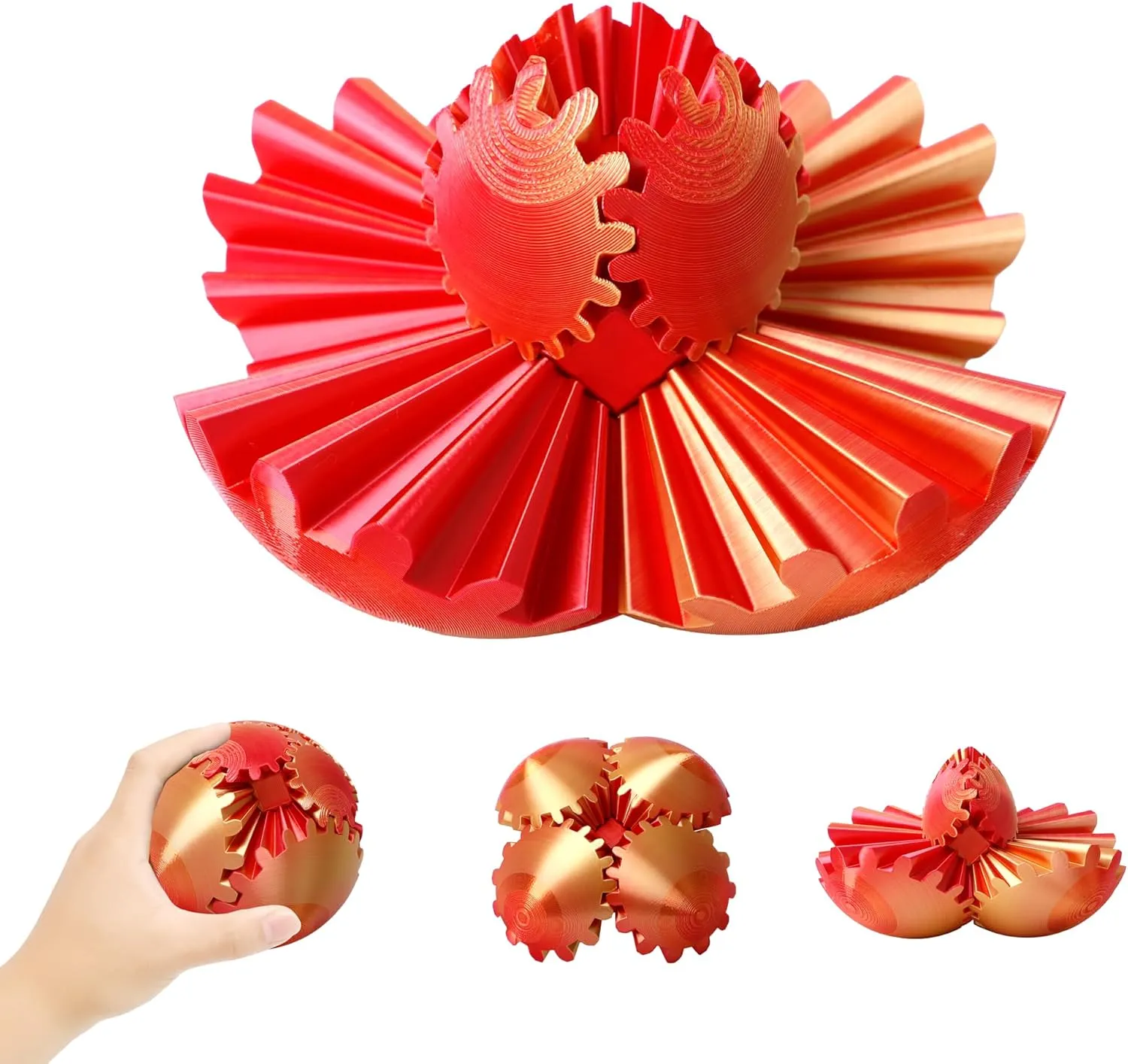 4.3 inch Gear Ball, 3D Printed Gear Sphere, Large Spin Ball, Chinese love Cube Fidget Toy, Stress Ball for Stress and Anxiety Relaxing (Red and Gold) Steampunk Whirling Wonder Fidget - 11cm/ 