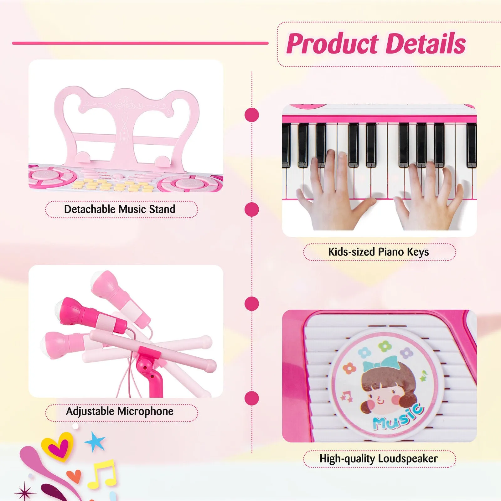 49 Keys Kids Piano Keyboard for Kids 3 -Pink