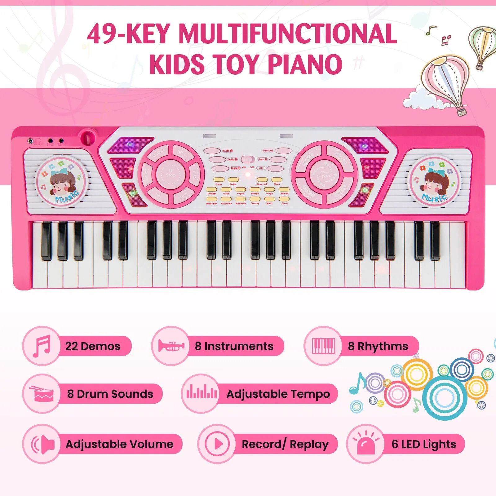 49 Keys Kids Piano Keyboard for Kids 3 -Pink