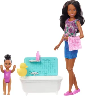 7 Year prolong Olds Barbie Skipper Babysitters, Inc. Playset with Bathtub, Babysitting Skipper Doll and Small Toddler Doll with Button to Move Arms and Splash, Plus Themed Accessories, Gift for 3 to 