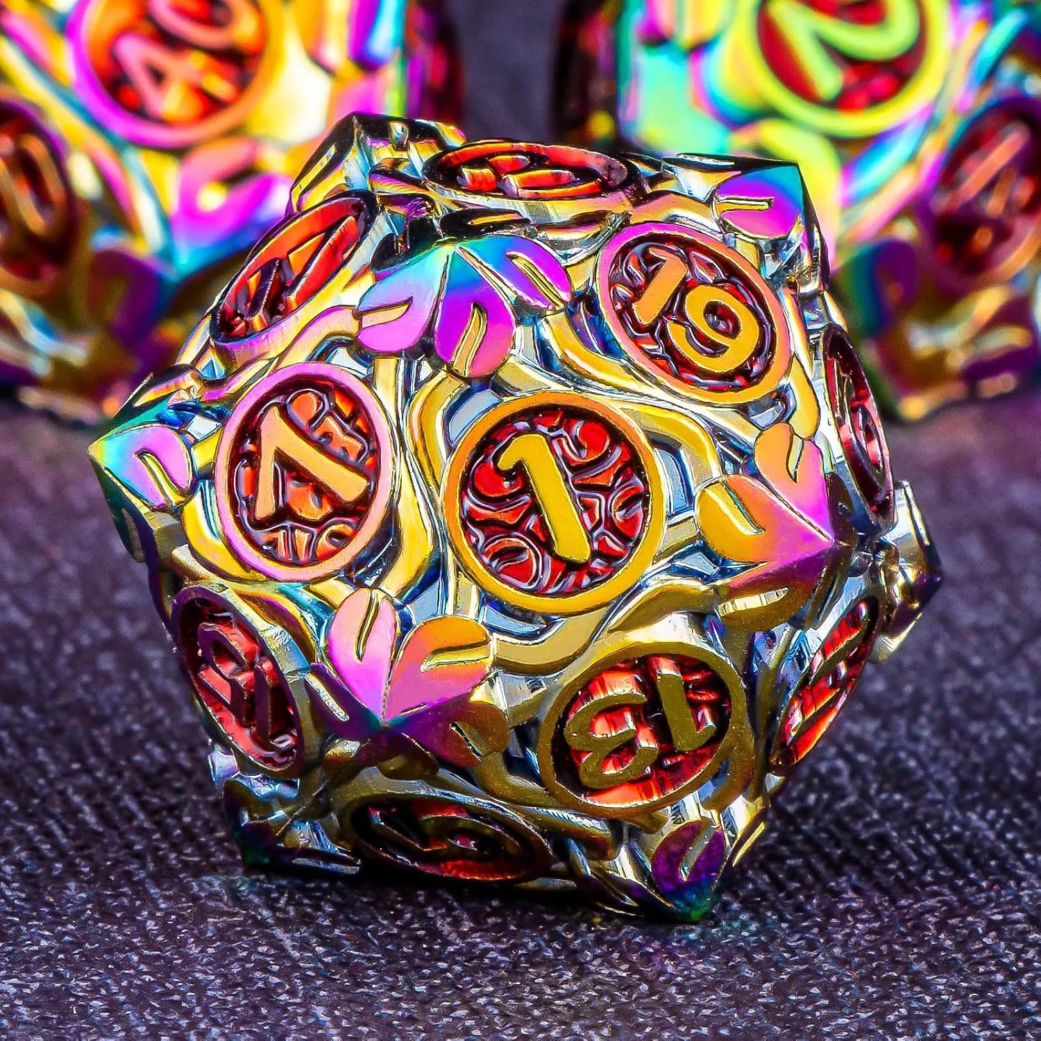 7Pcs defer filmy hypertext Nature Vines Leaf Role Playing Dice with Gift Box, Rainbow Red Polyhedral Handmade D and D Game Dice D20 D12 D10 D8 D6 D4 KERWELLSI Metal DND Dice Set, 