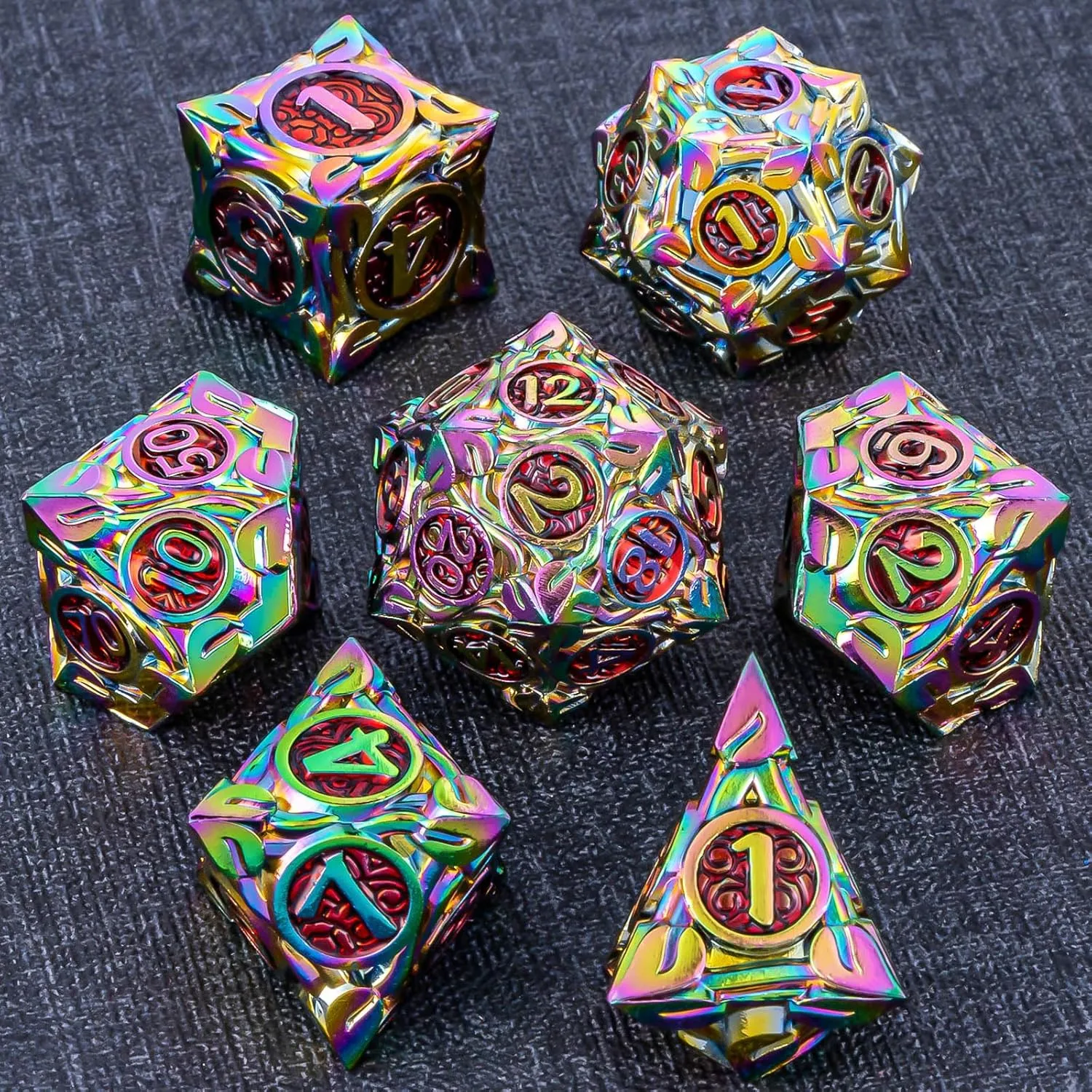 7Pcs defer filmy hypertext Nature Vines Leaf Role Playing Dice with Gift Box, Rainbow Red Polyhedral Handmade D and D Game Dice D20 D12 D10 D8 D6 D4 KERWELLSI Metal DND Dice Set, 