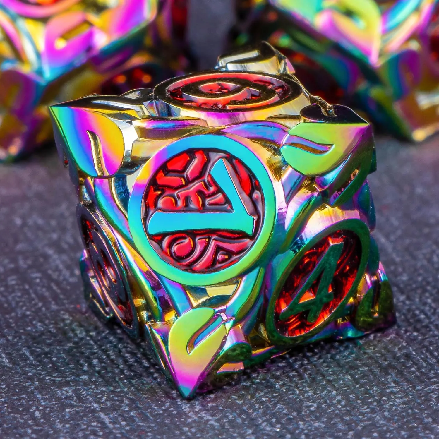 7Pcs defer filmy hypertext Nature Vines Leaf Role Playing Dice with Gift Box, Rainbow Red Polyhedral Handmade D and D Game Dice D20 D12 D10 D8 D6 D4 KERWELLSI Metal DND Dice Set, 