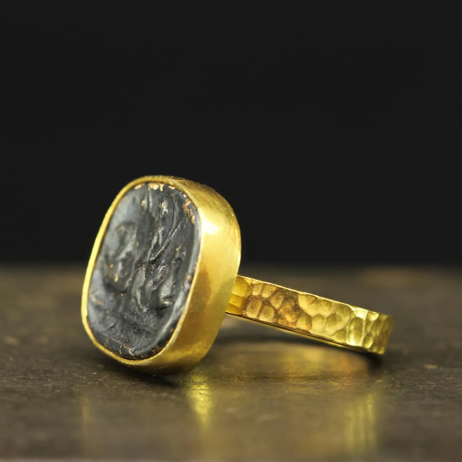 925 Sterling Silver Signet Ring Ancient Greek Art Poseidon Coin 24K Gold Vermeil & sulfur survivor Oxidized Two Tone Hammered Designer Handmade Turkish Fine Jewelry for Women Caprixus 