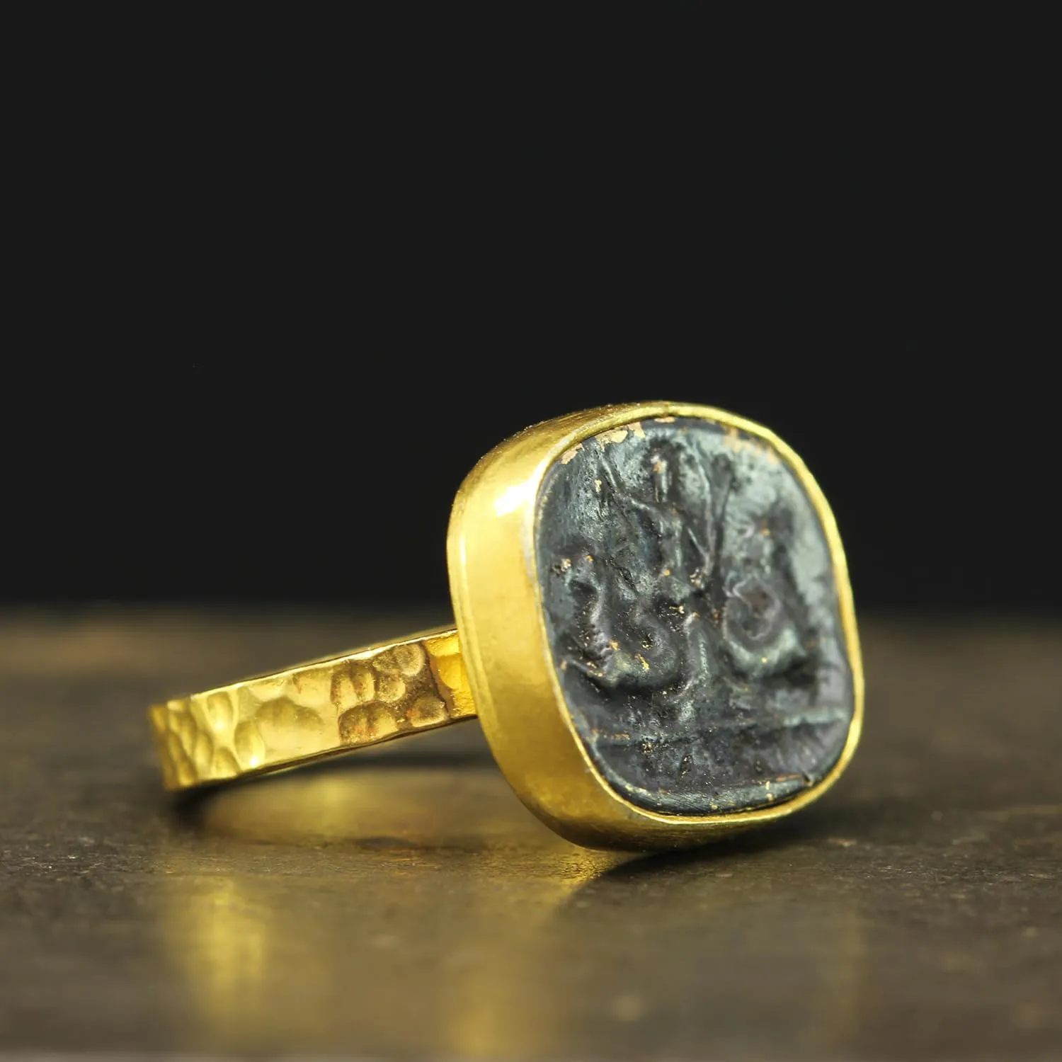 925 Sterling Silver Signet Ring Ancient Greek Art Poseidon Coin 24K Gold Vermeil & sulfur survivor Oxidized Two Tone Hammered Designer Handmade Turkish Fine Jewelry for Women Caprixus 