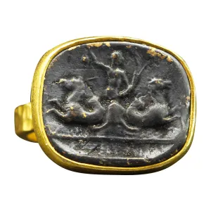 925 Sterling Silver Signet Ring Ancient Greek Art Poseidon Coin 24K Gold Vermeil & sulfur survivor Oxidized Two Tone Hammered Designer Handmade Turkish Fine Jewelry for Women Caprixus 