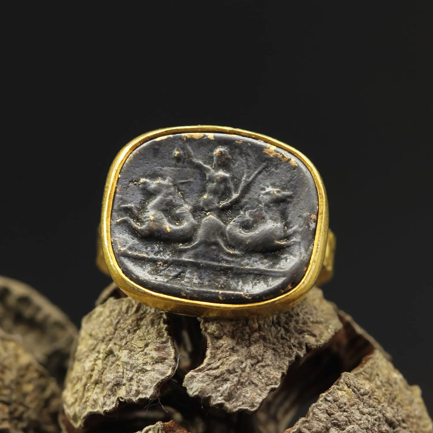 925 Sterling Silver Signet Ring Ancient Greek Art Poseidon Coin 24K Gold Vermeil & sulfur survivor Oxidized Two Tone Hammered Designer Handmade Turkish Fine Jewelry for Women Caprixus 