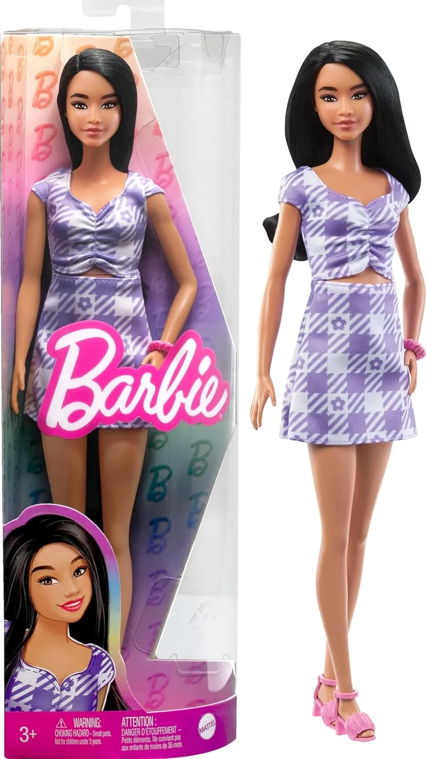 Accessories, Including Shoes & Scrunchie-Style metabolism wedge overcharge aloft Bracelet Barbie Fashionistas Doll #199, Curvy & Tall with Wavy Black Hair, Gingham Cut-Out Dress & 