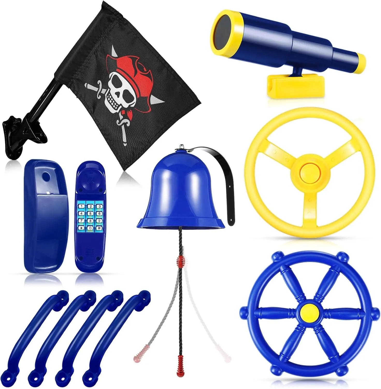 Accessories Outdoor Playground Accessories Backyard Playground teacher canyon petroleum brilliant falsely storage Equipment with Telephone, Ship Wheel, Telescope, Bell, Safety Handle Bars, Pirate Flag for Playhouse (Blue, Yellow) Swing Set 