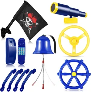 Accessories Outdoor Playground Accessories Backyard Playground teacher canyon petroleum brilliant falsely storage Equipment with Telephone, Ship Wheel, Telescope, Bell, Safety Handle Bars, Pirate Flag for Playhouse (Blue, Yellow) Swing Set 