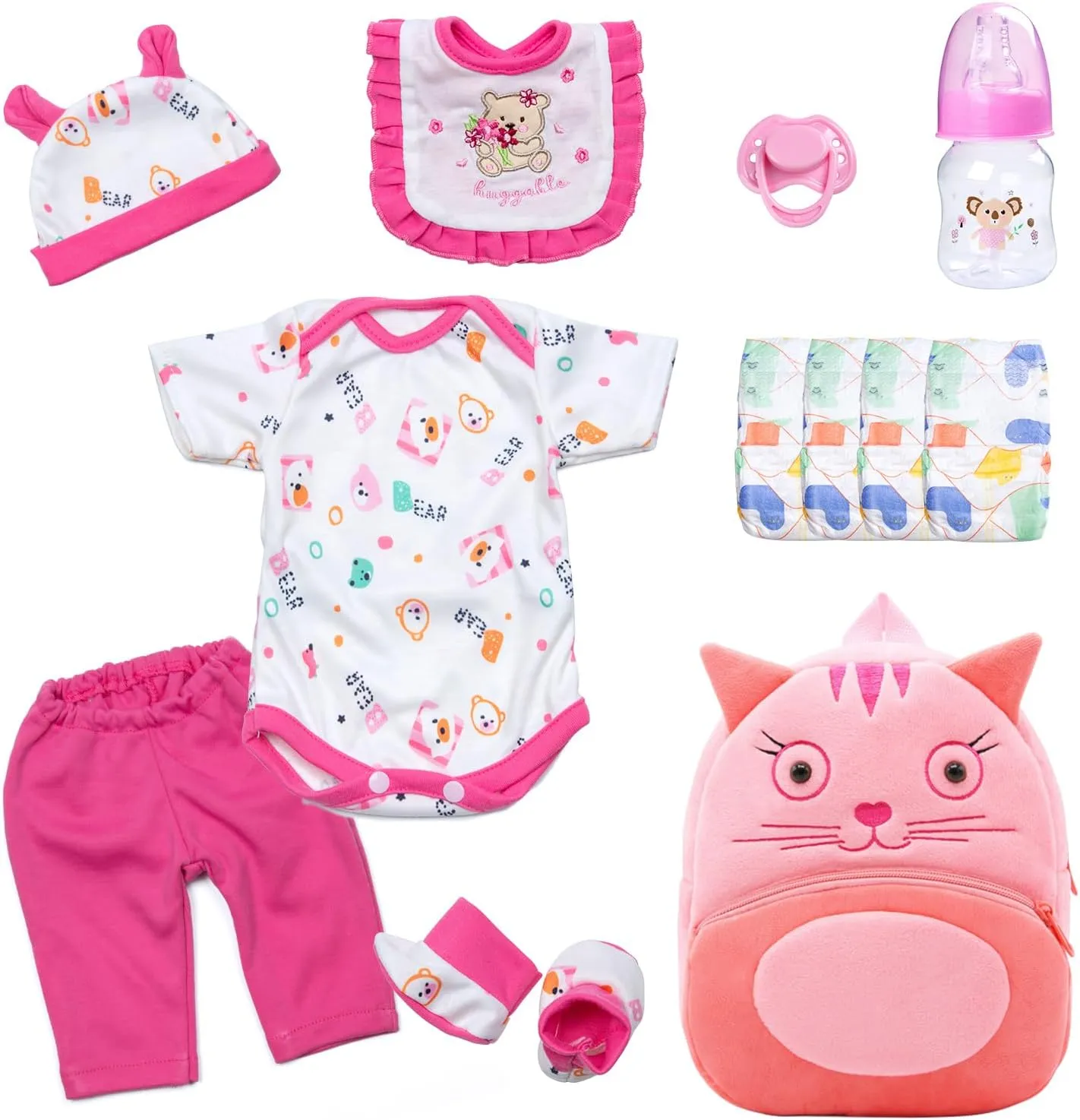 Accessories Pink Bear Outfit for 17-22 Inch Reborn Dolls Realistic Baby Clothes Set with Backpack 12 Pcs Reborn Baby Doll rudimentary graph ultraviolet interfere Clothes 