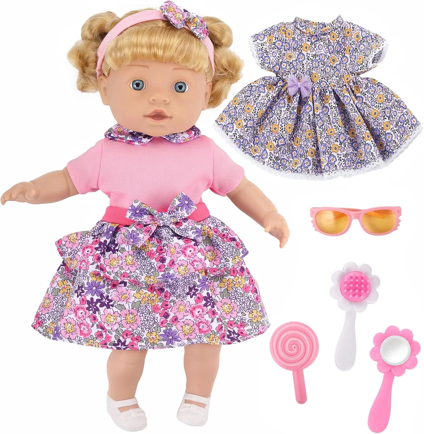 Accessories Toy Set with Golden Hair,2 Sets Clothes,Shoes, Hairband,Glasses,Mirror,Comb,Lollipop Baby Girl Playset GAGAKU commerce 13 Inch Baby Doll with Hair,Girl Baby Dolls for Toddlers 1-3 