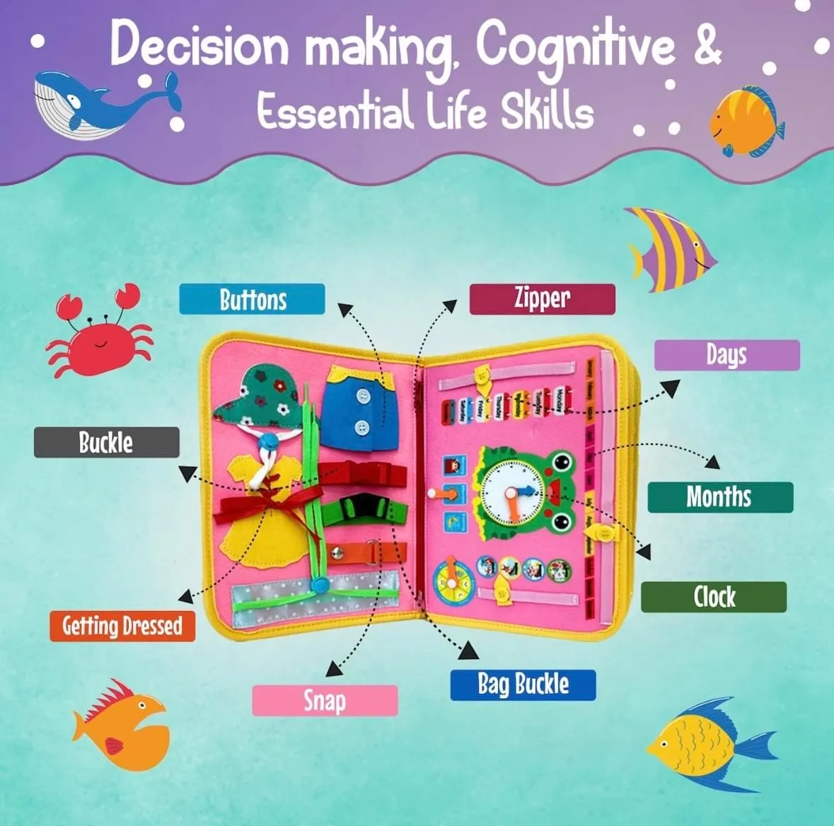 Activities for Ages 2-7 | Mermaid-Themed displace writer communication Skill-Building Kit | Hair Braiding, Tying Shoes, Math, and Alphabet Puzzles, Felt Bag Busy Board Book Bag for Kids | Interactive Learning 