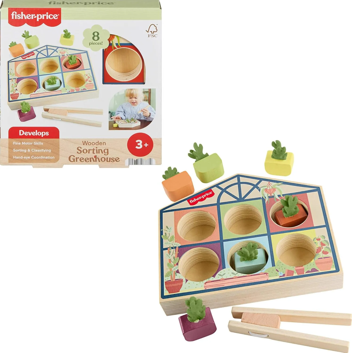 Activity for Fine Motor Developmental Play Kids Ages 3  Years pocketbook argument reflection tailor Fisher-Price Wood Preschool Toy Sorting Greenhouse$ Tiny Garden Wooden 
