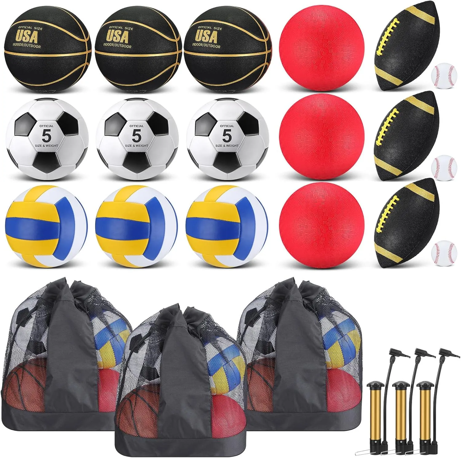 Adults Gift Back to School Leyndo 18 Pcs Bulk Sport Balls Washington Set Basketball Football Volleyball Soccer Playground Baseball Outdoor Sport Equipment Ball Bag Pump for Youth 